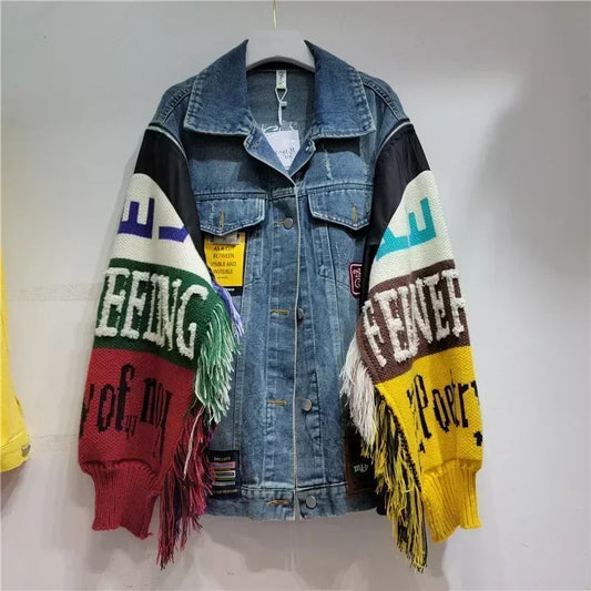 Alphabet Denim Patchwork Knitted Spliced Tassel Fringe Streetwear Women's Wool Sweater Jean Jacket