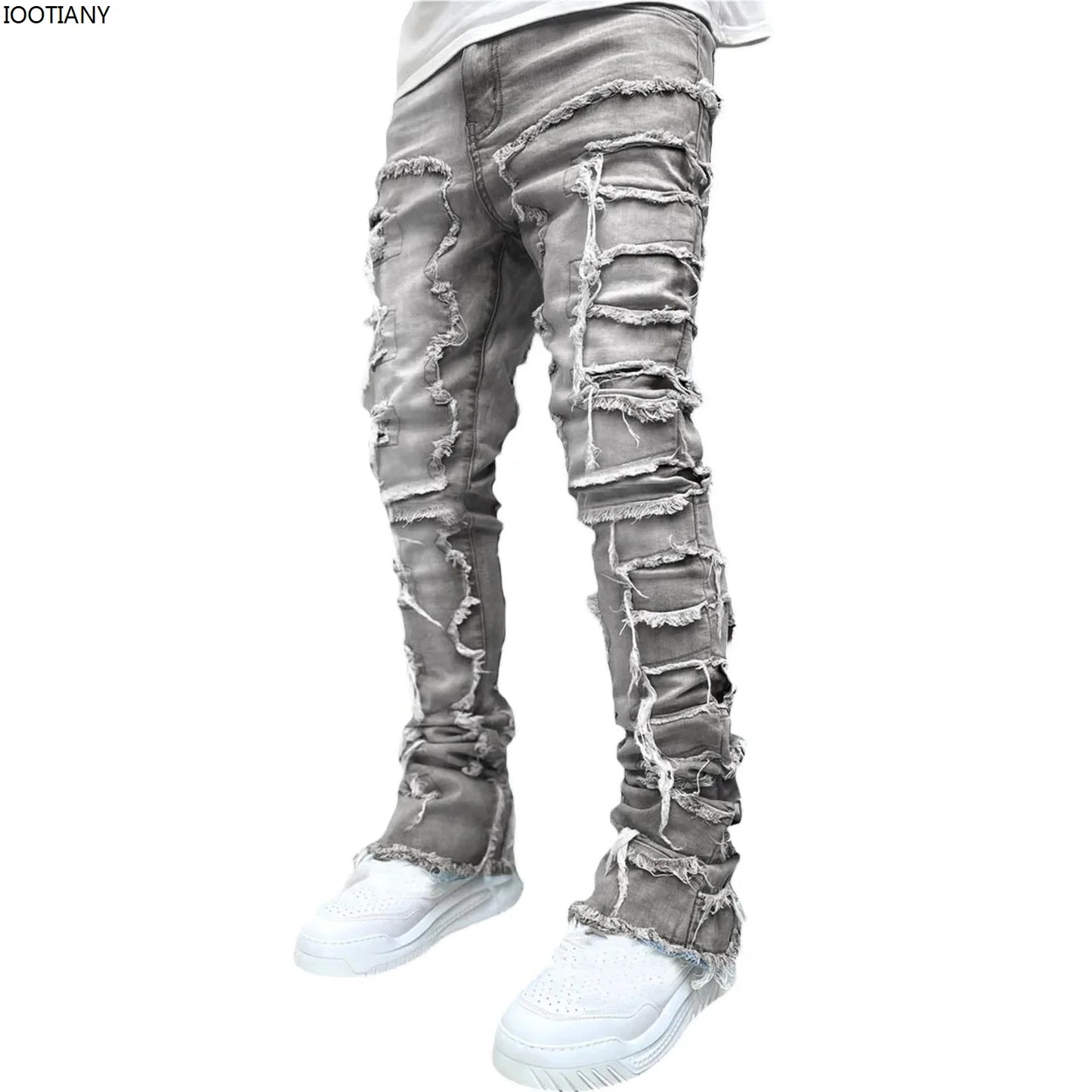 Men's Denim Fringe Ripped Hip-Hop Stretch Stacked Elastic Waist Straight Patchwork Jeans