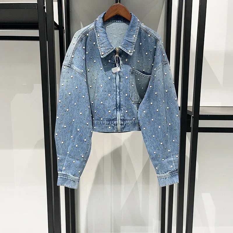 Denim Rhinestone Embellished Decor Women's Turn-Down Collar Zipper Jean Jacket OR Straight Jeans SOLD AS SEPARATES
