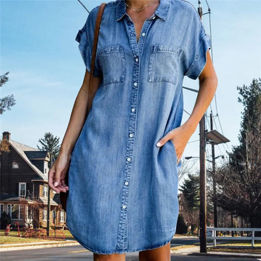 Denim Short Sleeve Distressed Button Down Tunic Button Mini Dress to 5X