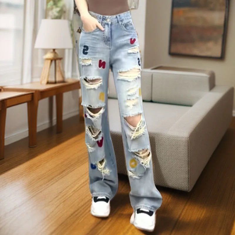 Denim Patch Varsity Style Embroidered Ripped Faded Washed Women's Hip-Hop Streetwear Jeans