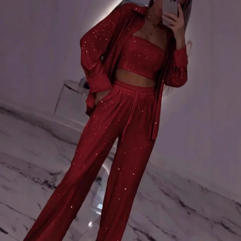 Sparkling Glitter Sequin Women's Fitness Zipper Jacket w/ Matching Tube Top+ Elastic Waist Sweatpants Women's 3-Piece Tracksuit to 3X Plus Size