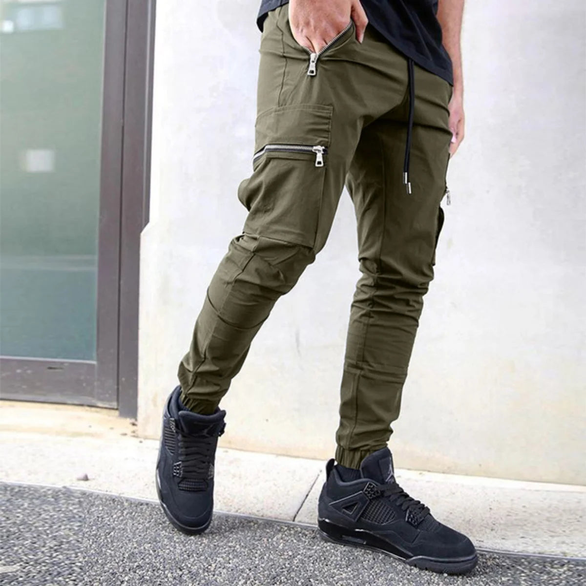 Men's Zipper Pocket Design Drawstring Solid Cargo Pants