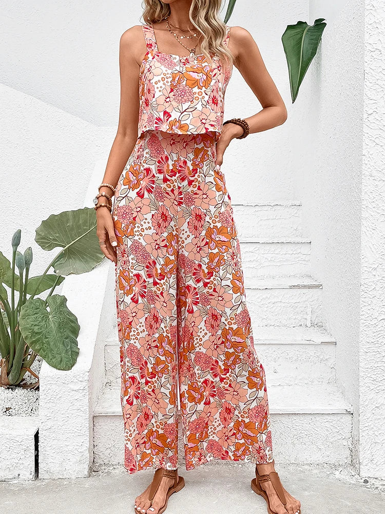 Flower Print  Backless Wide Leg Sleeveless Halter Jumpsuit