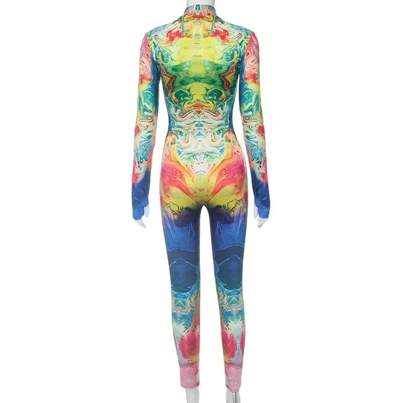 Tie-Dye Turtleneck Print Women's Zipper Long Sleeve Skinny Jumpsuit