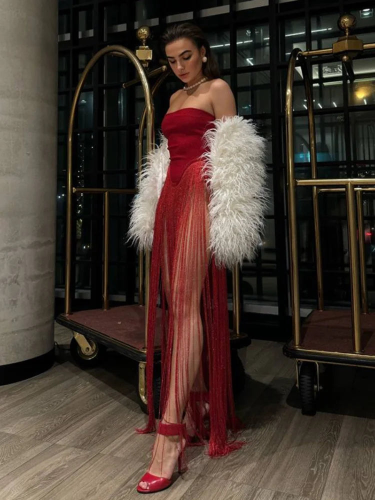 Sparkling Glitter Designer Red Tassel Detail Strapless Fringe Bandage Formal Bodysuit Dress