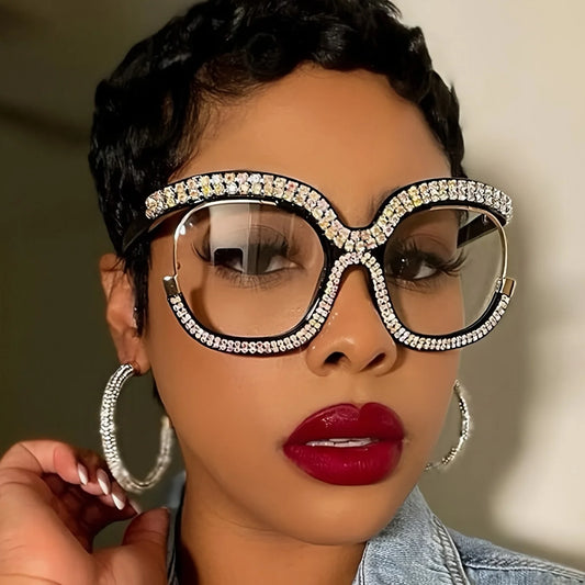 Rhinestone Crystal Decor Round Oversized Reading Eyeglasses