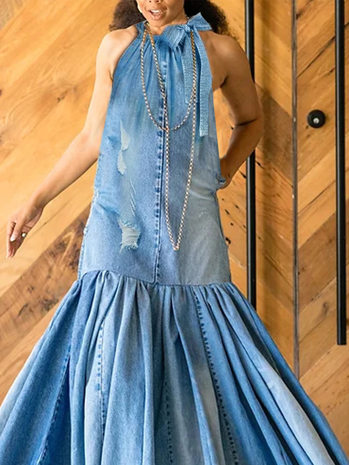 Denim Bowtie Neck Halter Big Swing Sleeveless Flared Mermaid Plus Size Maxi Jean Dress to 4X