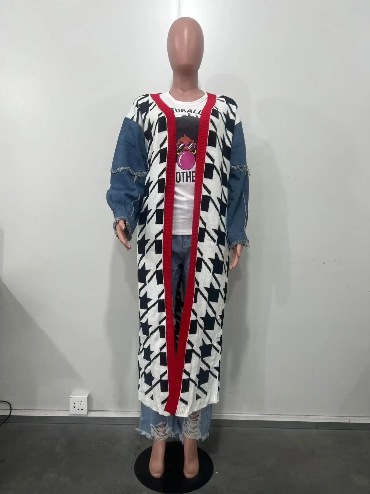 Houndstooth Colorblock Irregular Contrast Knitted Open Stitch Women's Maxi Cardigan Sweater
