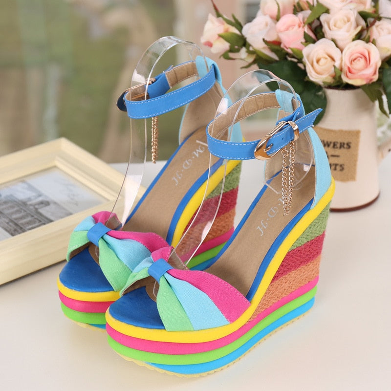 Rainbow Striped Peep Toe Platform Bowknot Hemp Bottom Buckle Ankle Strap Wedge Sandals