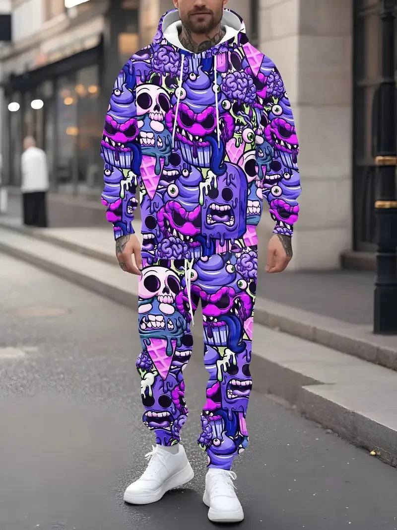 Men's Purple Skeleton Graffiti Print Hoodie Sweatshirt + Matching Sweatpants Tracksuit