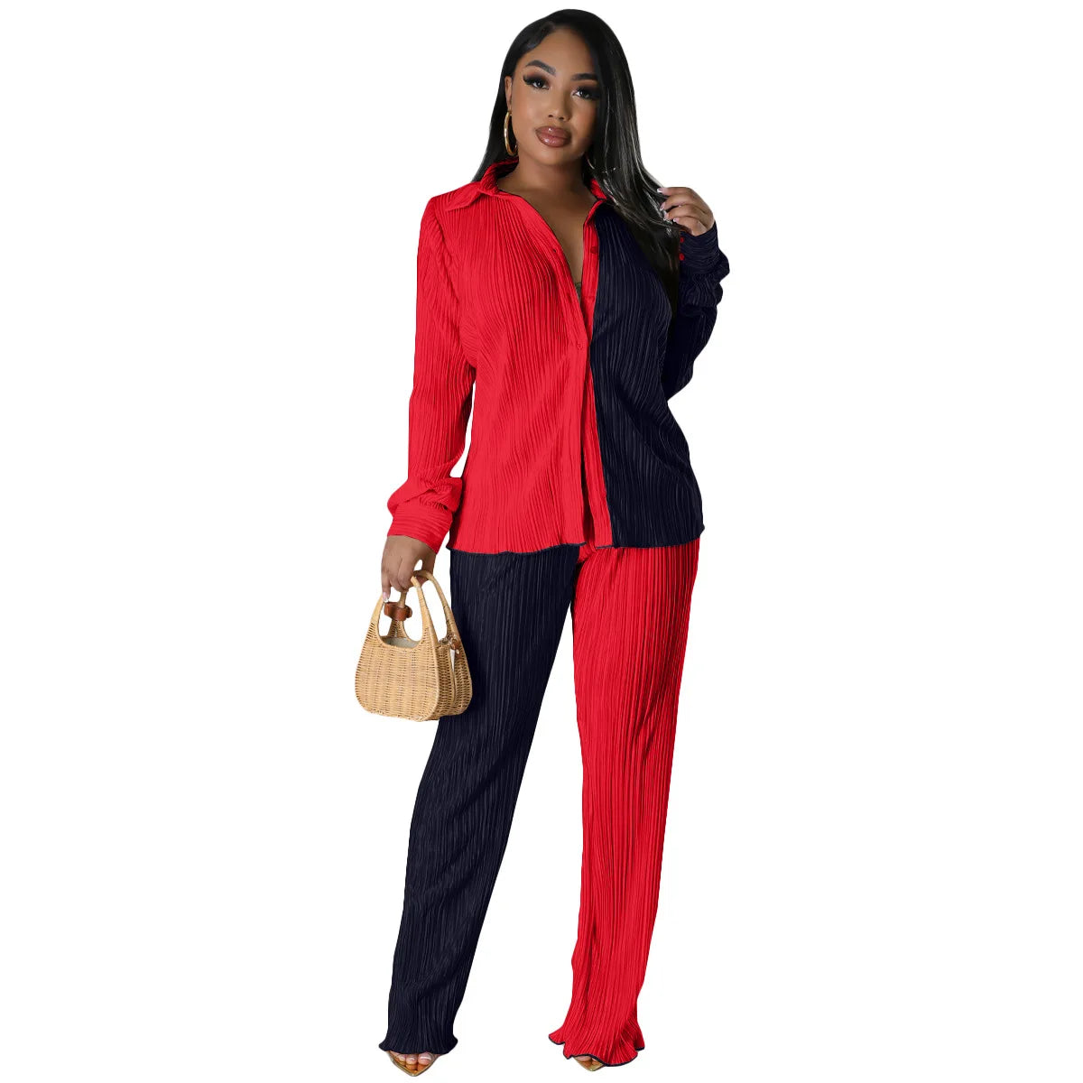 Colorblock Pleated Women's Oversized Blouse + Wide Leg Pants 2-Piece Set