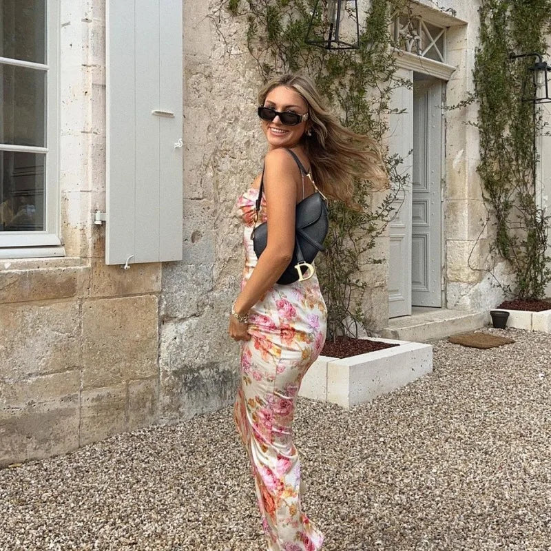 Satin White/Pink Flower Print Sleeveless Spaghetti Strap Skinny Maxi Formal Dress