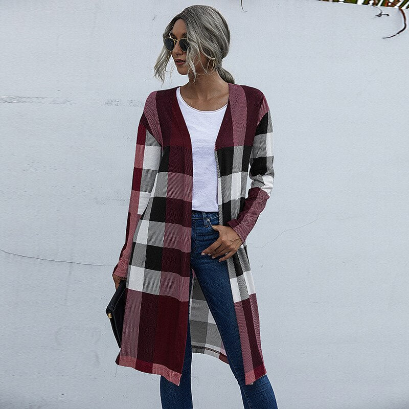 Checkered Plaid Ladies Maxi Cardigan