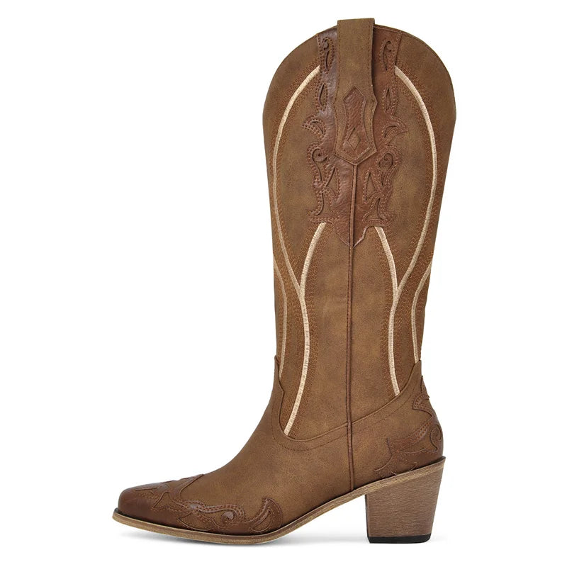 Western Flower Embroidered Women's Pointed Toe Side Zipper Chunky Heel Cowgirl Boots