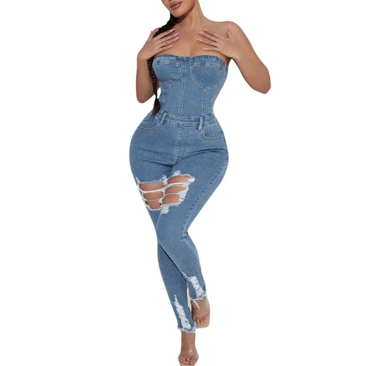 Denim Sleeveless Ripped Women's Hollow-Out Strapless Tube Jean Jumpsuits