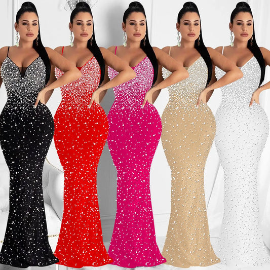 Crystal Diamond Pearl Embellished Spaghetti Strap Trumpet Mermaid Evening Party/Prom Floor-Length Formal Dress