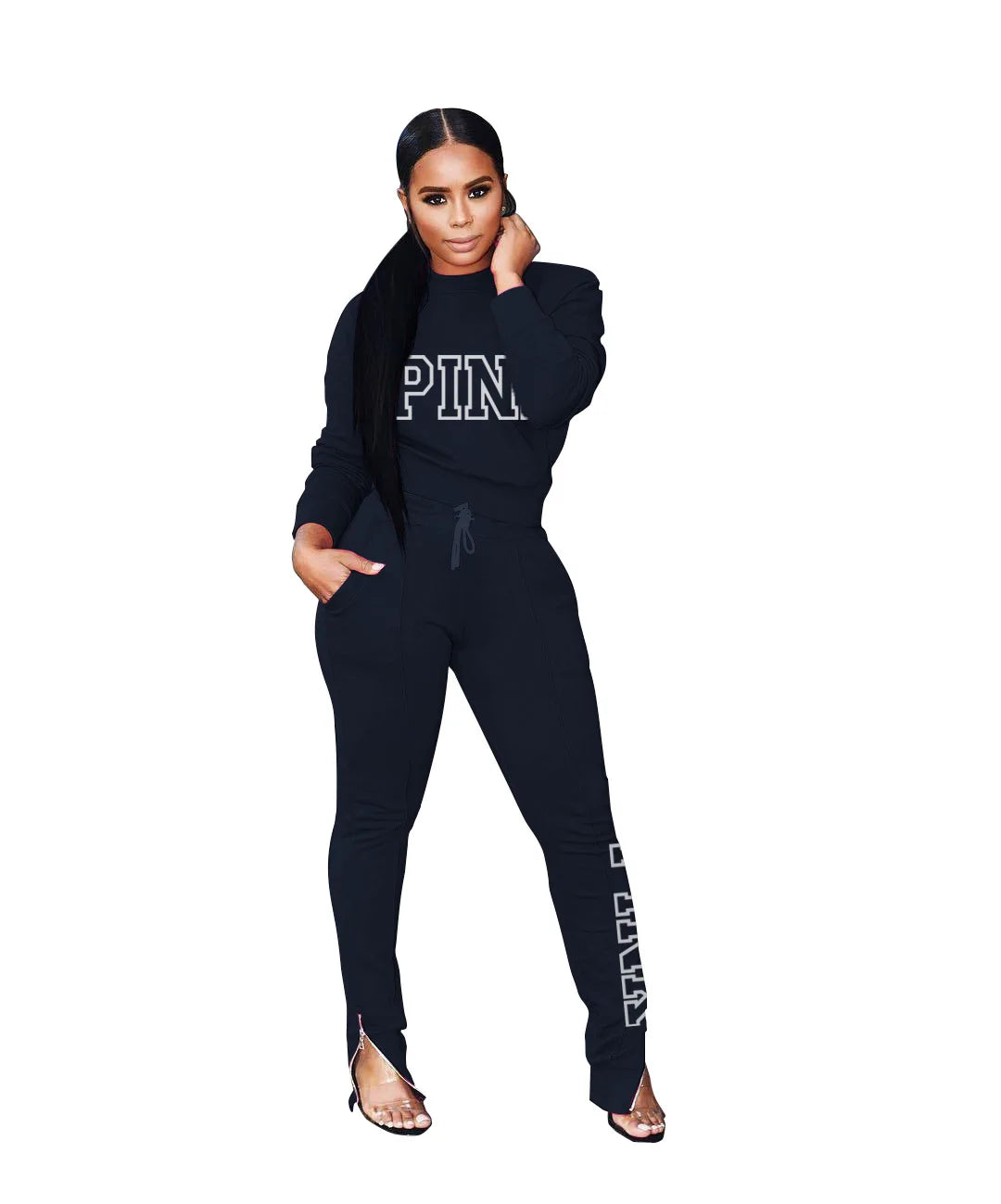 "PINK" O-Neck Long Sleeve Tops + Long Pants Suit Tracksuit