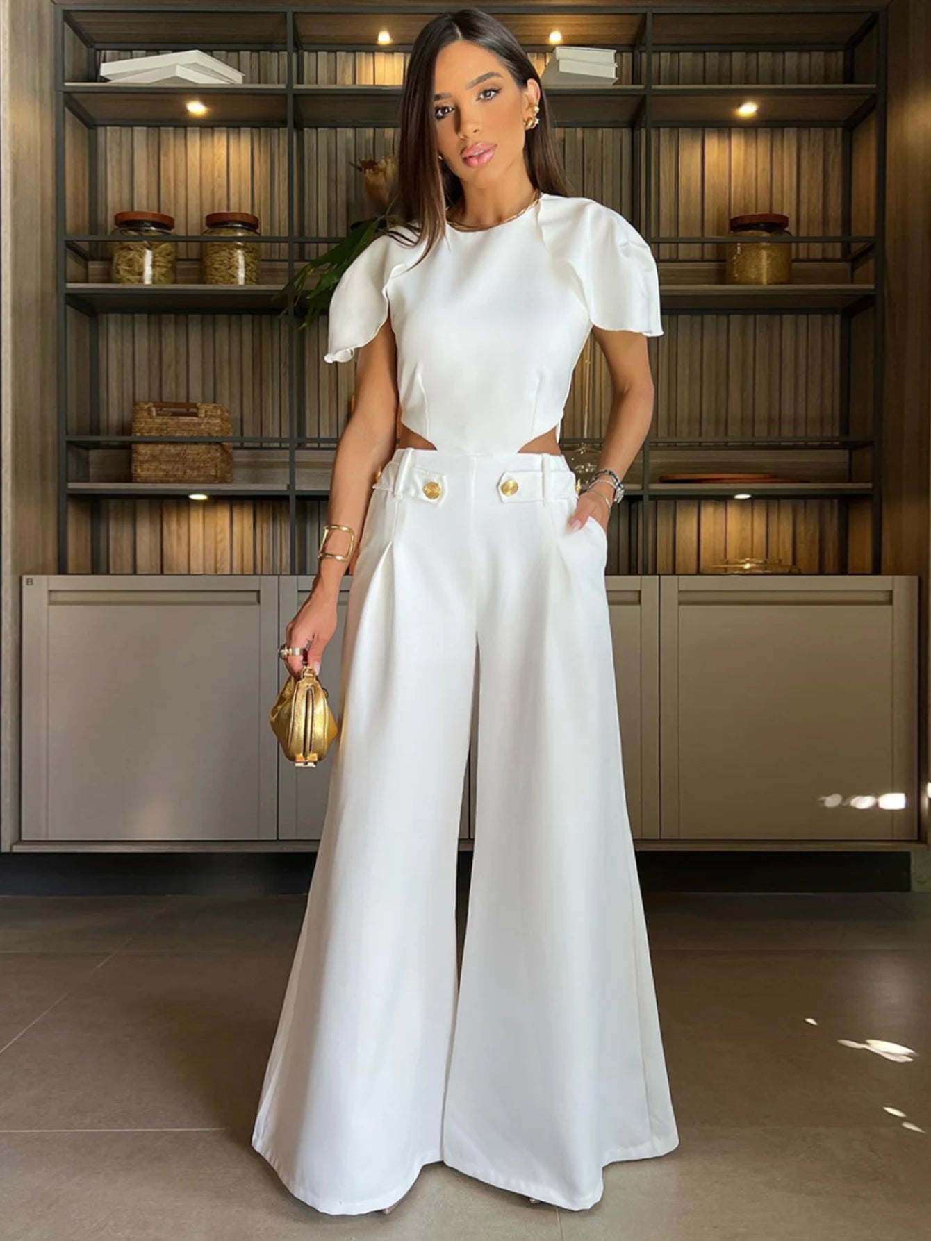 Flower Embroidered Backless High Street Cropped Backless Blazer + Wide Leg Pants Women's Suit or Hollow-Out Short Sleeve or Sleeveless Floral/Solid Jumpsuits