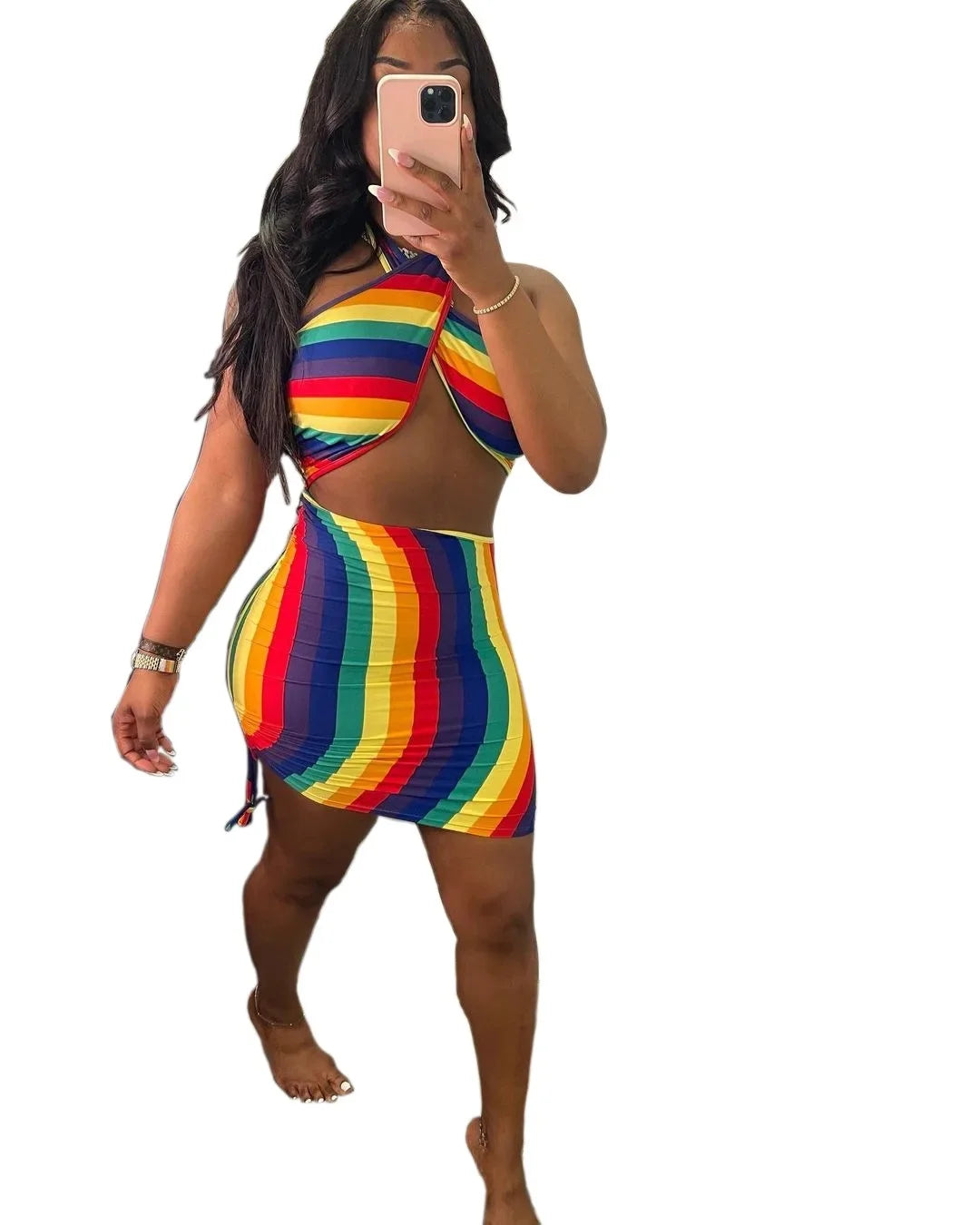 Striped Swirl Colorblock Print Criss-Cross Sleeveless Crop Top + Drawstring Bodycon Mini Skirt 2-Piece Set