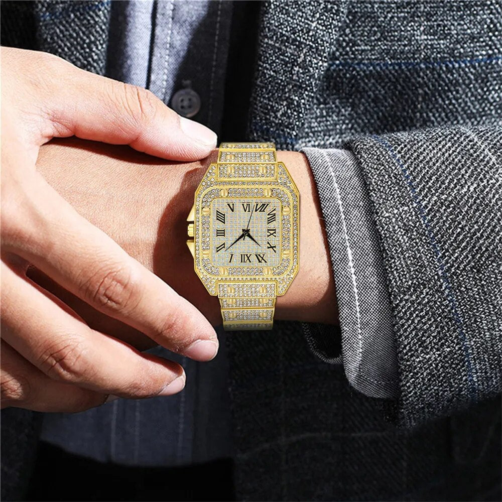 Iced Out Men's Luxury Diamond Square Roman Dial Quartz Watch