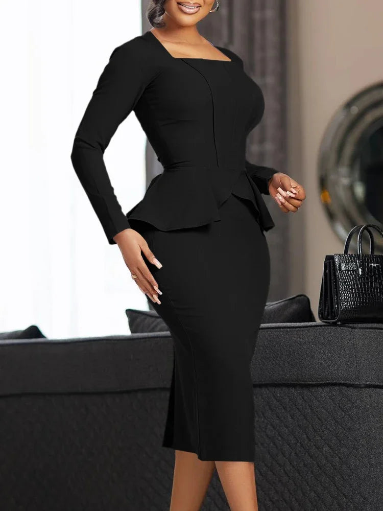 Ruffled Peplum Square Collar Long Sleeve Bodycon Midi Dress to 3X