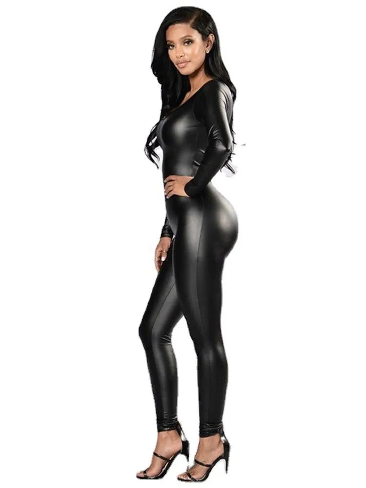 Black Round Neck Elastic PU Leather Long Sleeve Catsuit Jumpsuit