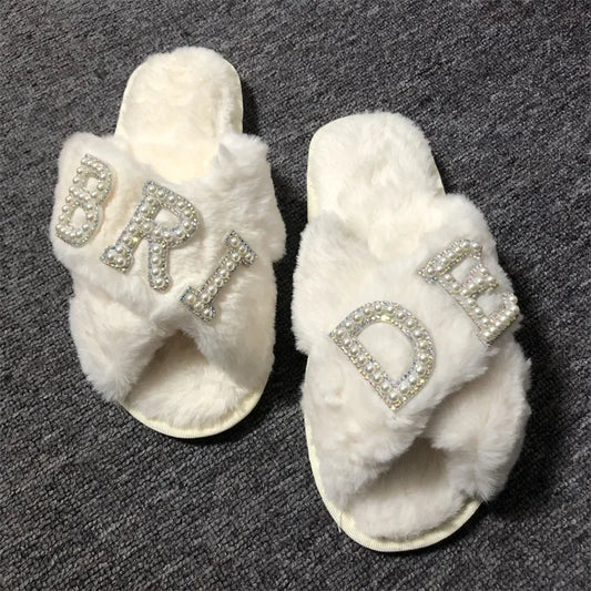 "BRIDE" Plush Fleece Bride Honeymoon Shower Slippers