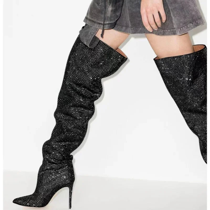 Ruched Sparkling Glitter Pleated High Heel Knee High Boots