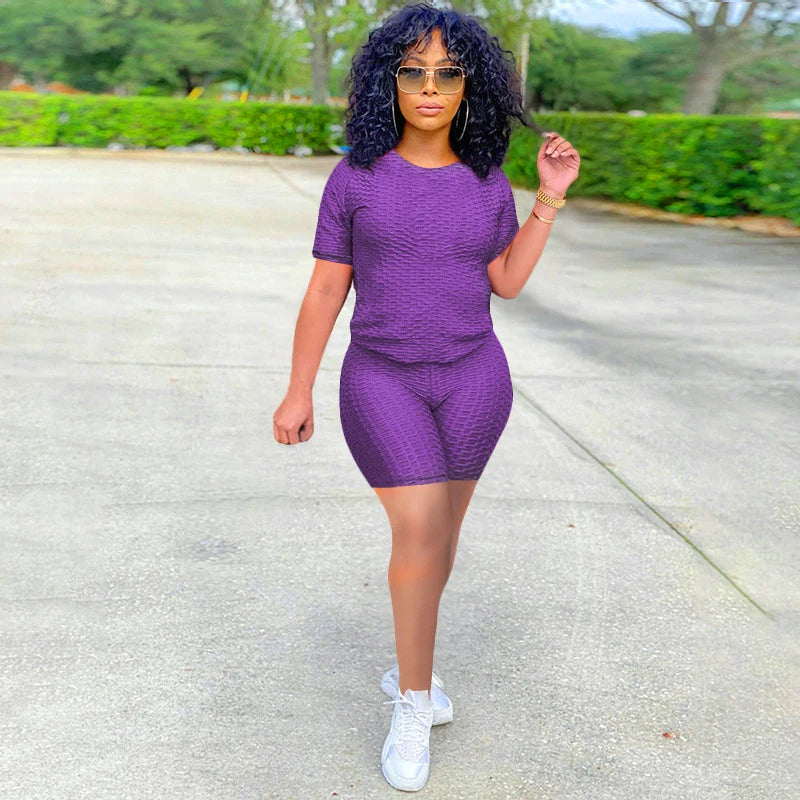 Texturized Sportswear O-Neck Solid Color Short Sleeve Women's T-Shirt + Shorts 2-Piece Fitness Workout Set