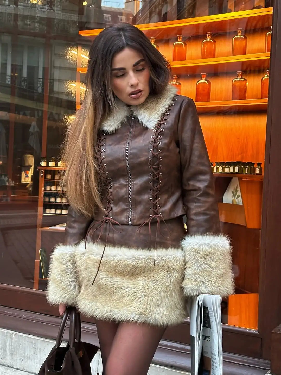 Brown PU Leather Faux Fur Collar Women's Patchwork Zipper Cropped Jacket