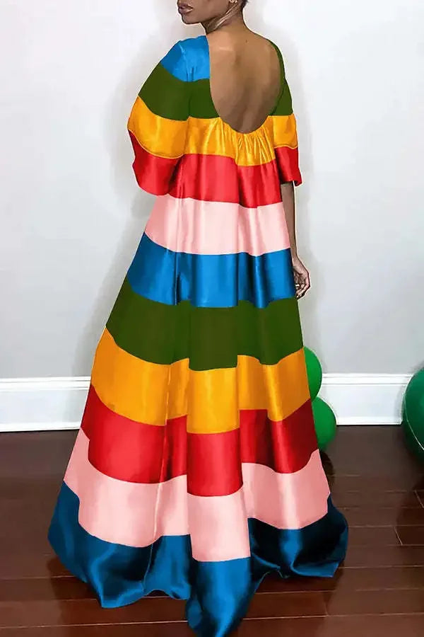 Rainbow Colorblock Striped Oversized Print Short Sleeve O-Neck Floor-Length Maxi Dress