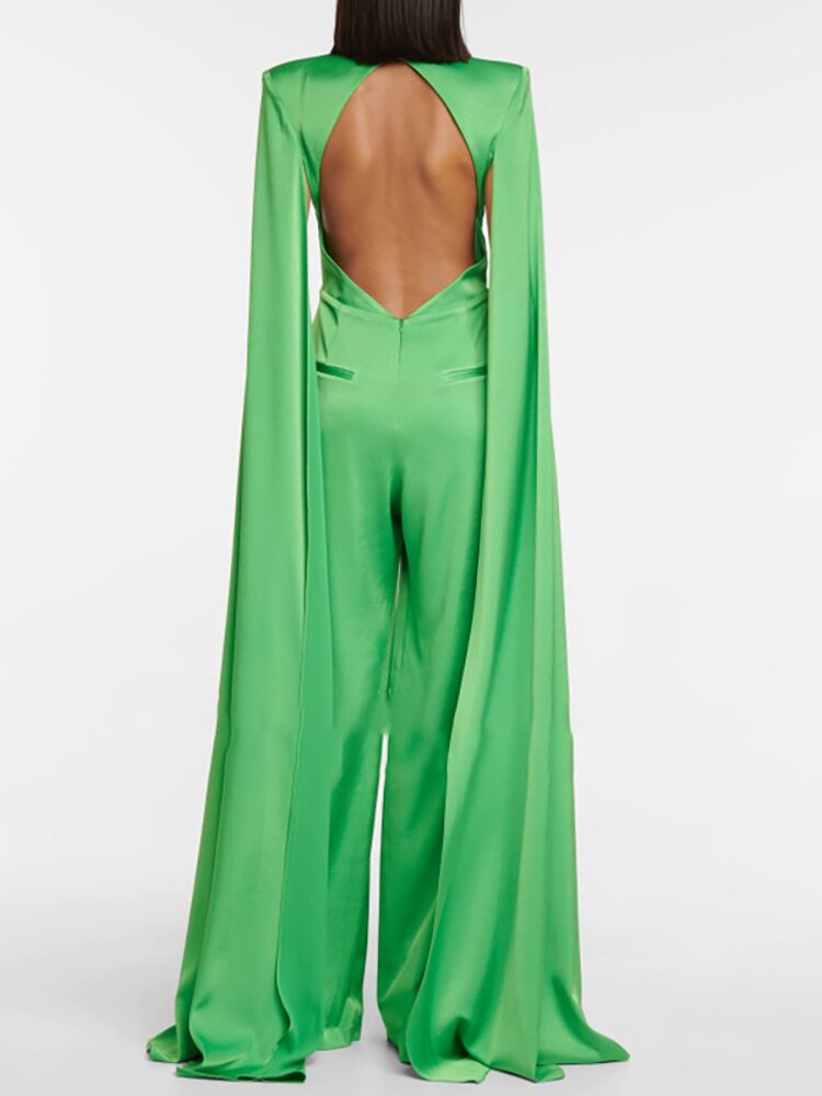 Silk Evening O-Neck Broad Shoulder Backless Hollow Out Jumpsuit