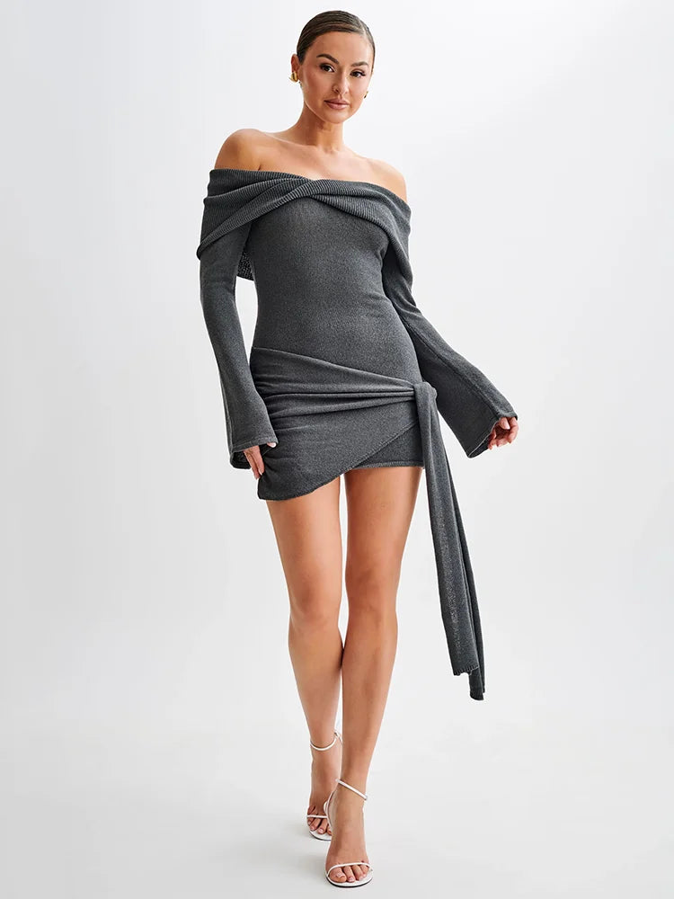 Off-the-Shoulder Knitted Strapless Backless Long Sleeve Ruched Draped Knitted Mini Dress