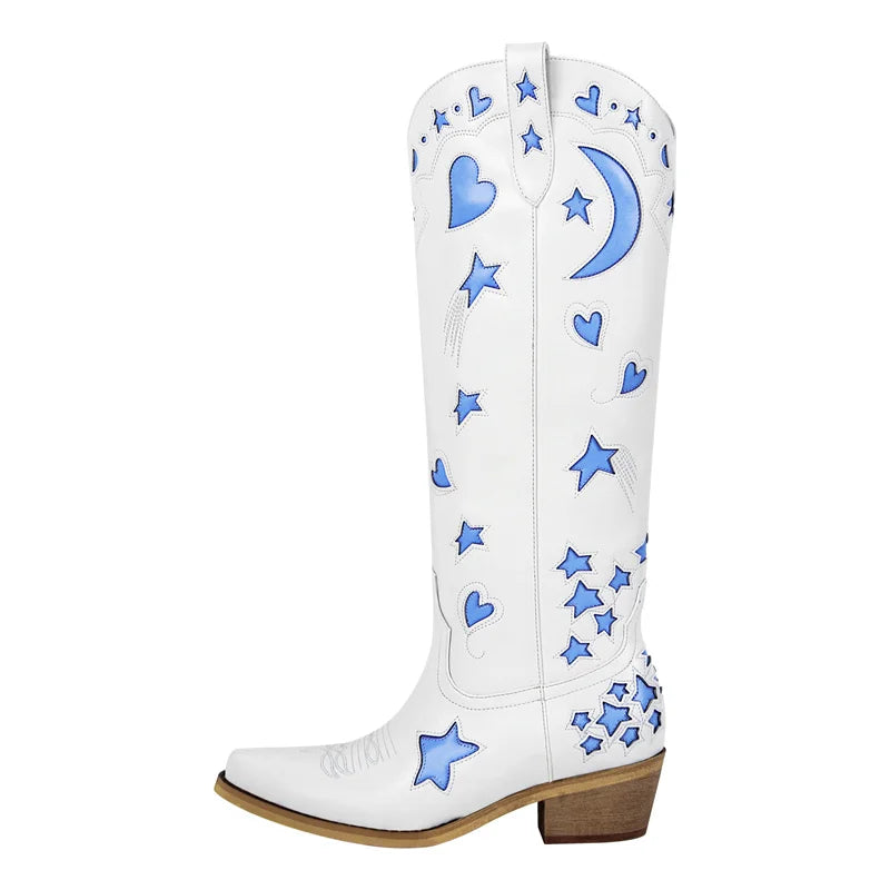 White/Pink Heart Star Moon Embroidered Design Pointed Toe Knee-High Western Side Zipper Cowgirl Rodeo Boots