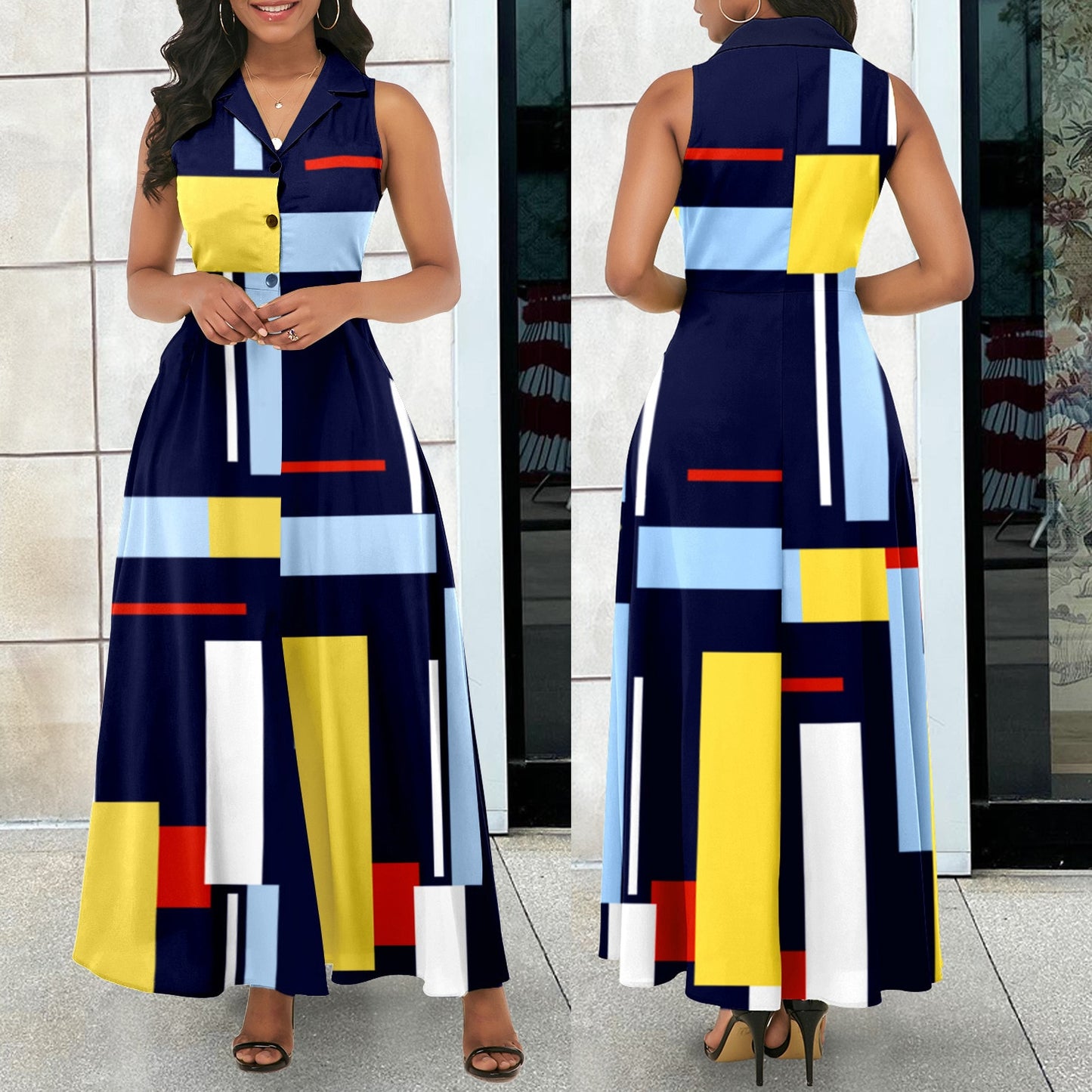 Geometric Colorblock Striped Print V-Neck Sleeveless Button Dress