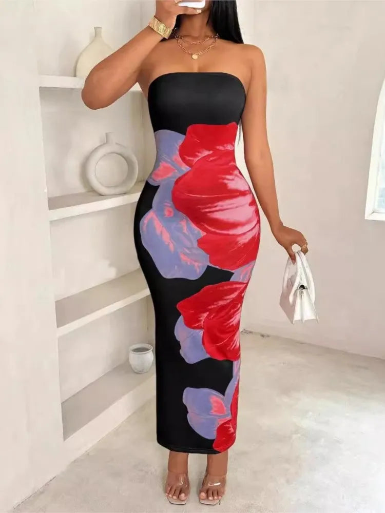 Sleeveless Big Flower Print Bodycon Skinny Maxi Tube Dress