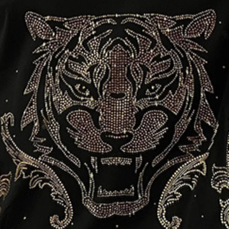 Men's Gold Gillter Rhinestone Hot Drill Tiger Pattern Short Sleeve T-Shirt