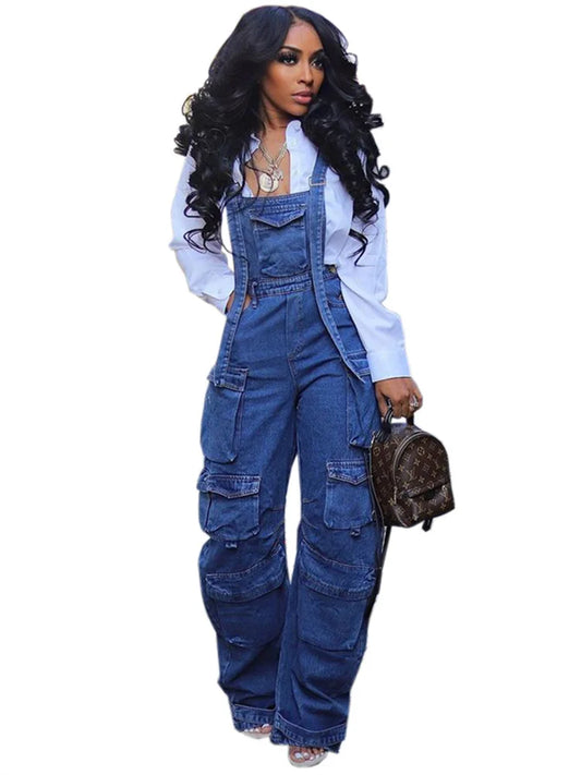 Denim Blue Women's Cargo Multi-Pocket Sleeveless Overall Jean Jumpsuit