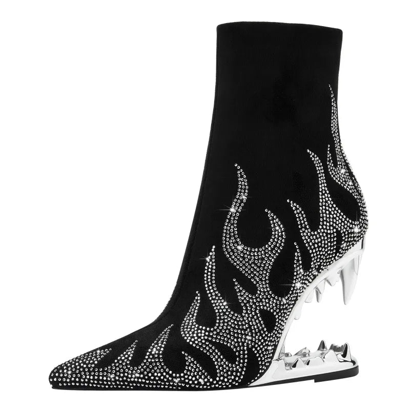 Diamond Knee Long Pointed Side Zipper Tiger Teeth High Heels Boots