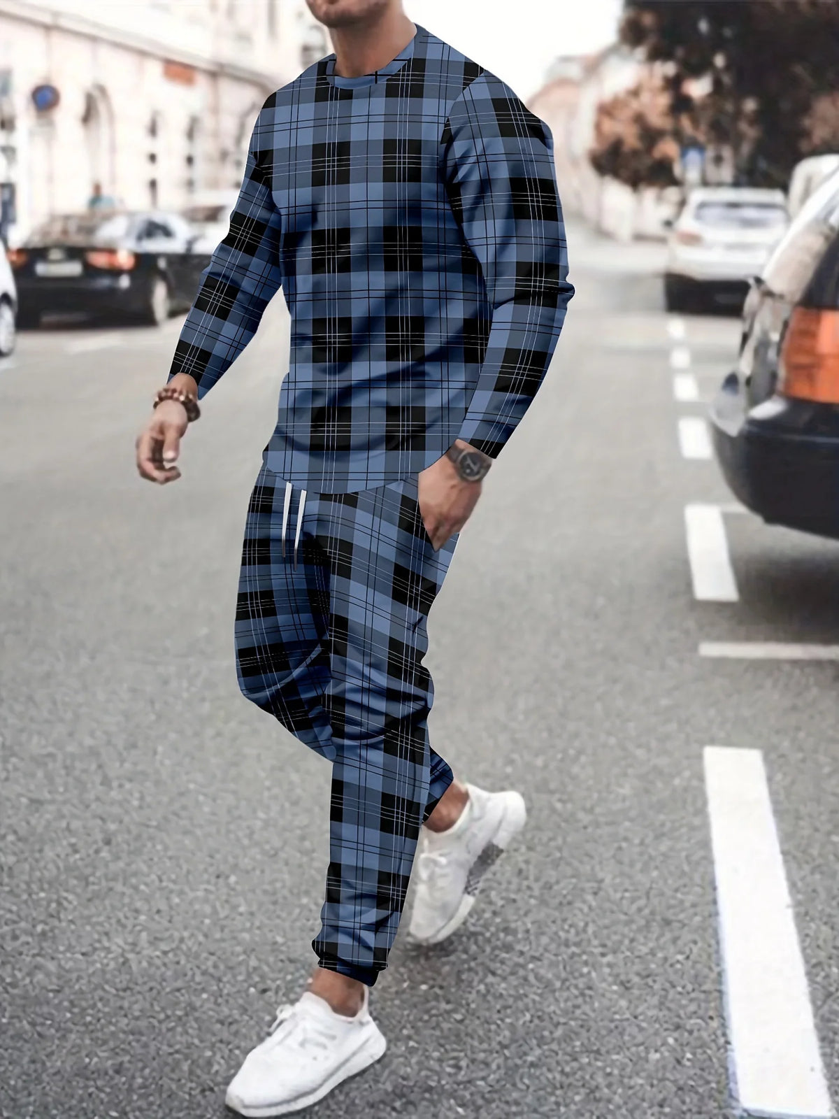 Men's Hip-Hop Rainbow/Gradient/Colorblock/Plaid Checker Print Long Sleeve T-Shirt + Pants Sportswear 2-Piece Set