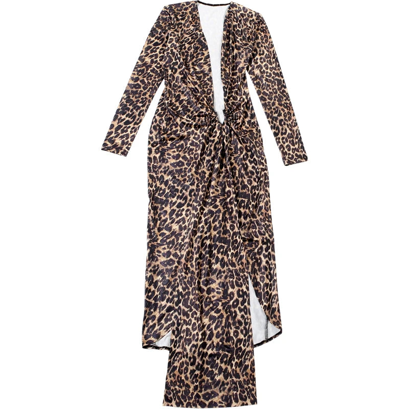 Leopard Print Deep V-Neck Ruched Maxi Ribbon Design Hollow-Out Long Sleeve Bodycon High Slit Maxi Club Dress