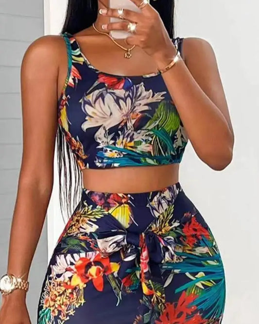 Tropical Print U-Neck Sleeveless Crop Tank Top & Skinny Midi Skirt 2-Piece Set