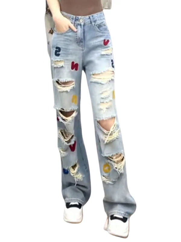 Denim Patch Varsity Style Embroidered Ripped Faded Washed Women's Hip-Hop Streetwear Jeans