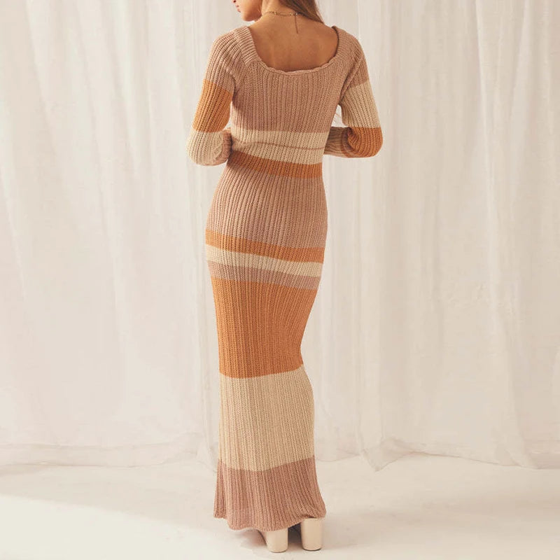 Slash Neck Long Sleeve Off-the-Shoulder Colorblock Striped Bodycon Knitted Maxi Sweater Dress