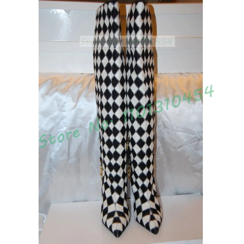 Plaid Black/White Checkered Knee-High Gold Chain Decor Purple Metal Stiletto Heel Pointed Toe Side Zipper Boots