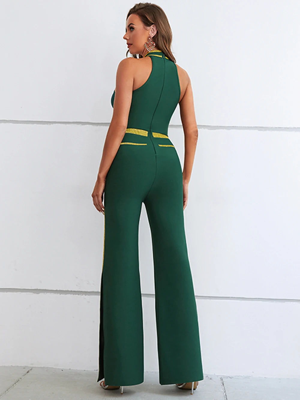 Designer Green Sleeveless Diamond Bandage Bodycon Party Split Wide Leg Jumpsuit