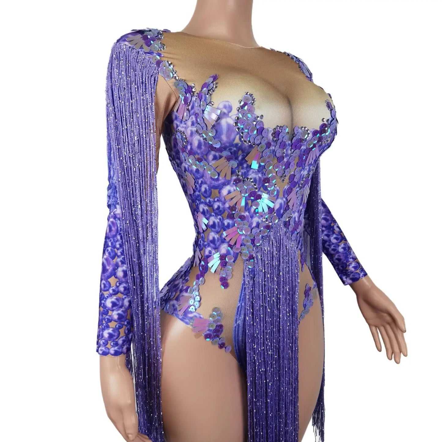 Purple Sequined Glitter Sparkling Fringe Tassel Detail Bodycon Shiny Formal Stage Performance/Dancer Bodysuit