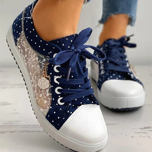 Denim Floral Mesh Cut-Out Lace Canvas Breathable Platform Women's Sneakers