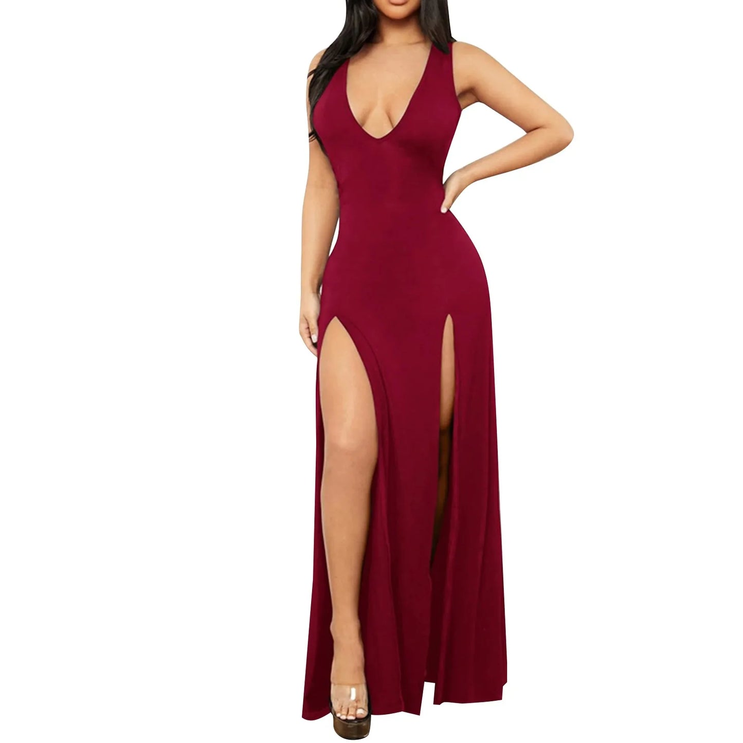 Double High Slit Deep V-Neck Solid Bodycon Skinny Maxi Dress